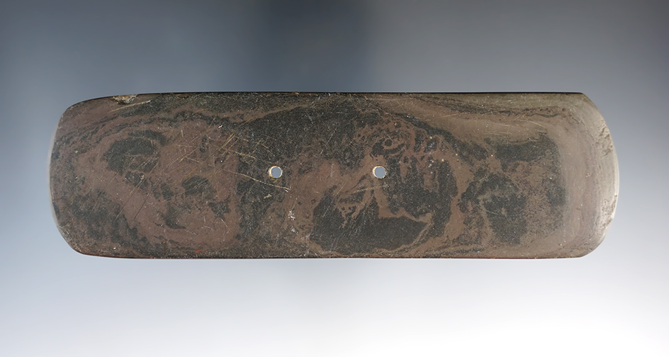 5 5/8" Bar Gorget made from red and black Mottled Slate. Found in Indiana. Ex. Macy Hallock Collecti