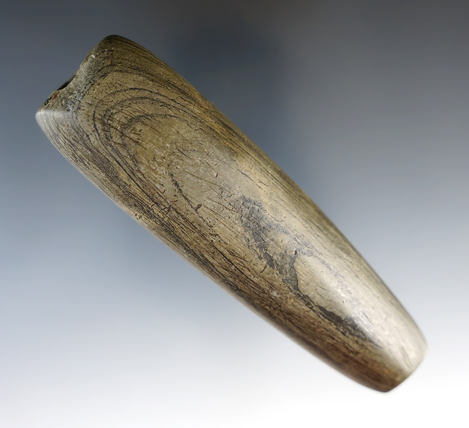 4" Archaic Tube Bannerstone made from green and black Banded Slate. Found in Seneca Co., Ohio.