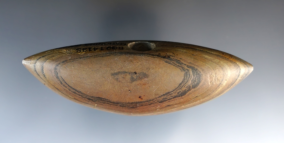 4 1/8" Archaic Pick Bannerstone made from red and black Banded Slate. Found in Mahoning Co., Ohio.