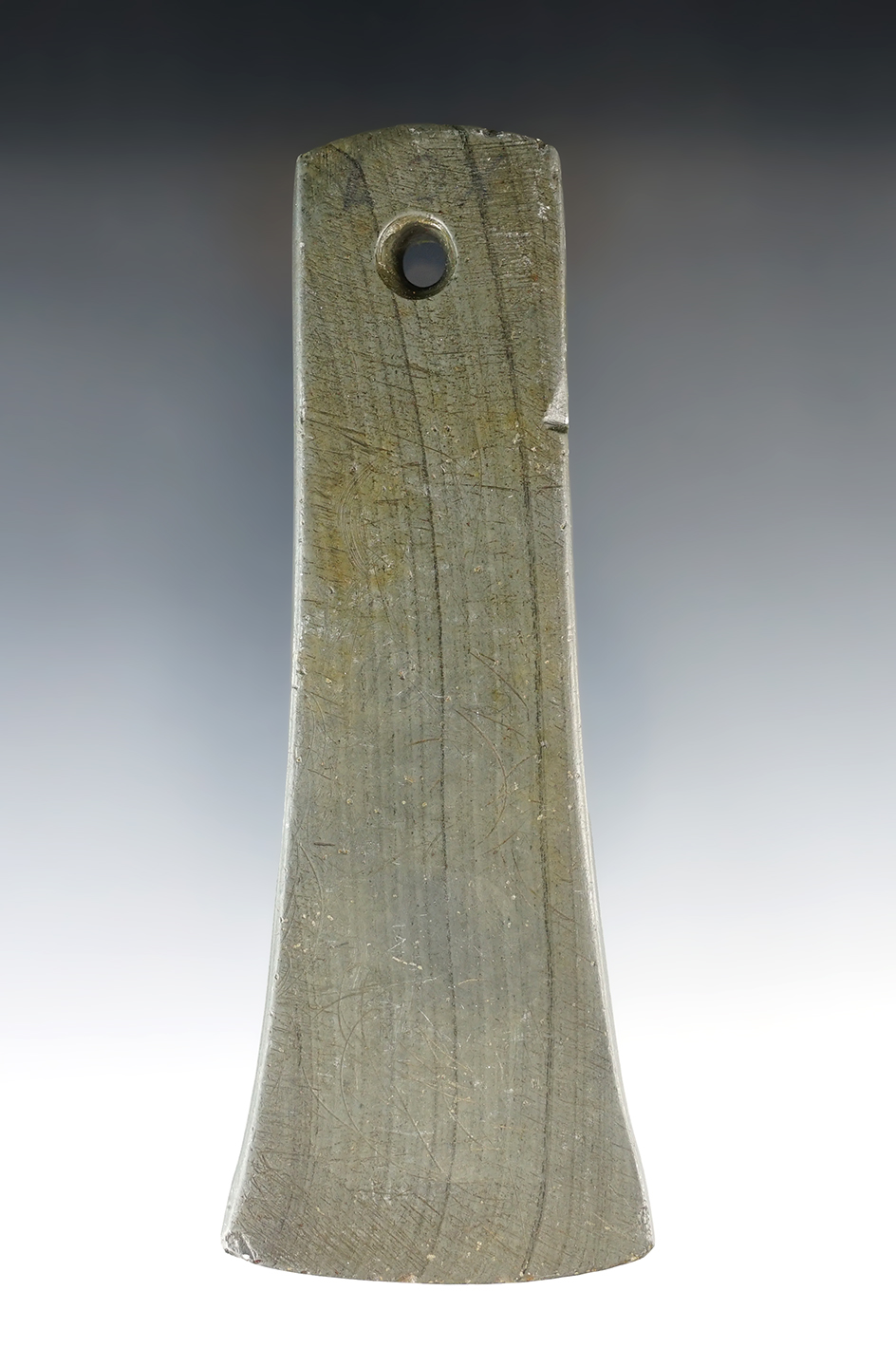 4 7/8" Adena Bell Pendant made from green and black Banded Slate. Found in Auglaize Co., Ohio.