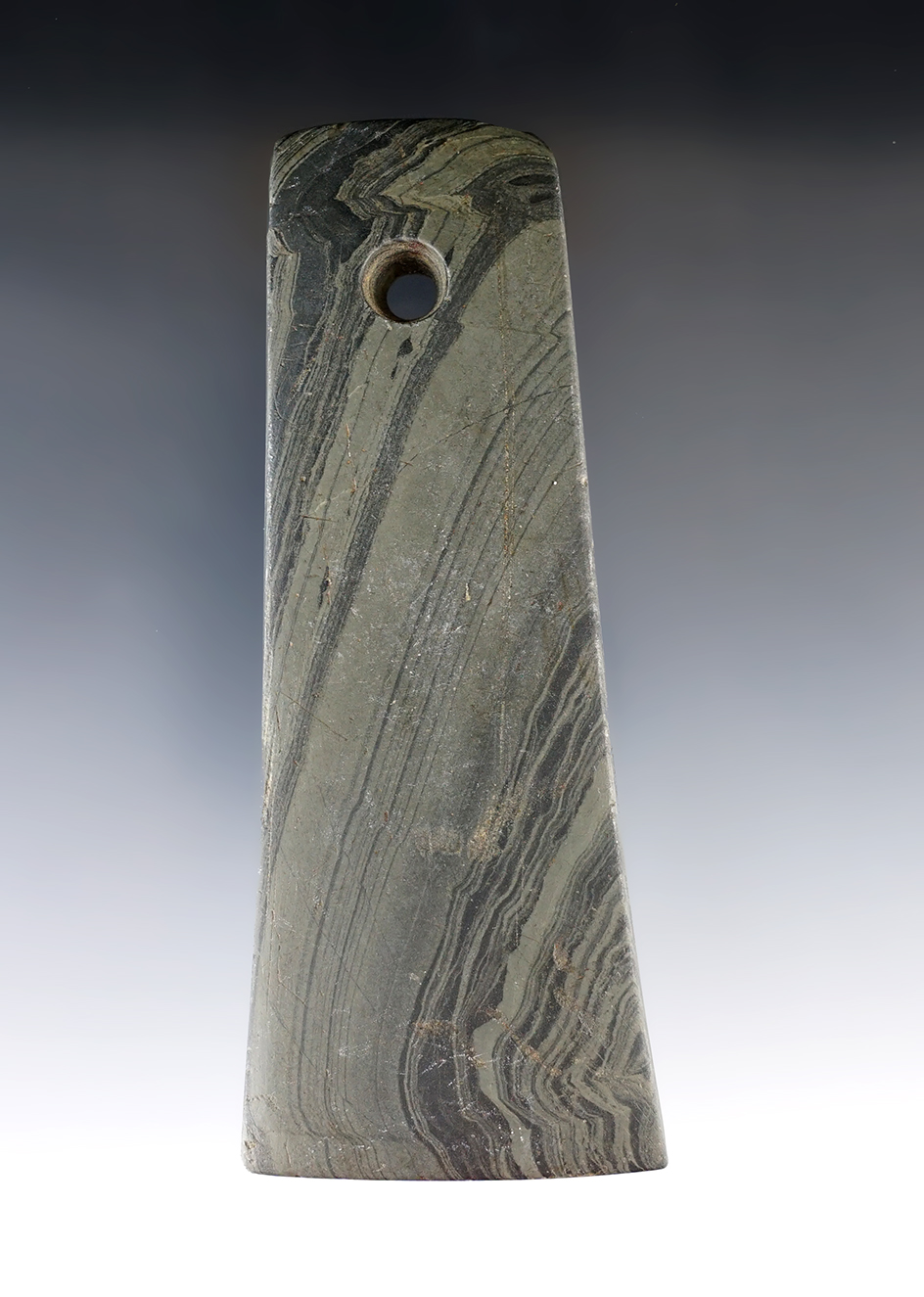 4 5/8" Adena Bell Pendant made from green and black Banded Slate. Found in Hardin Co., Ohio.