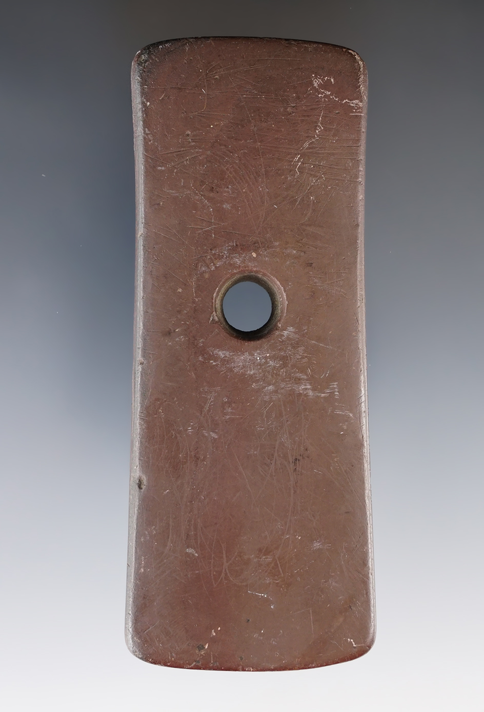 4" Adena Rectangular Pendant made from red Banded Slate. Found in Licking Co., Ohio. Ex. Lynn Bierly