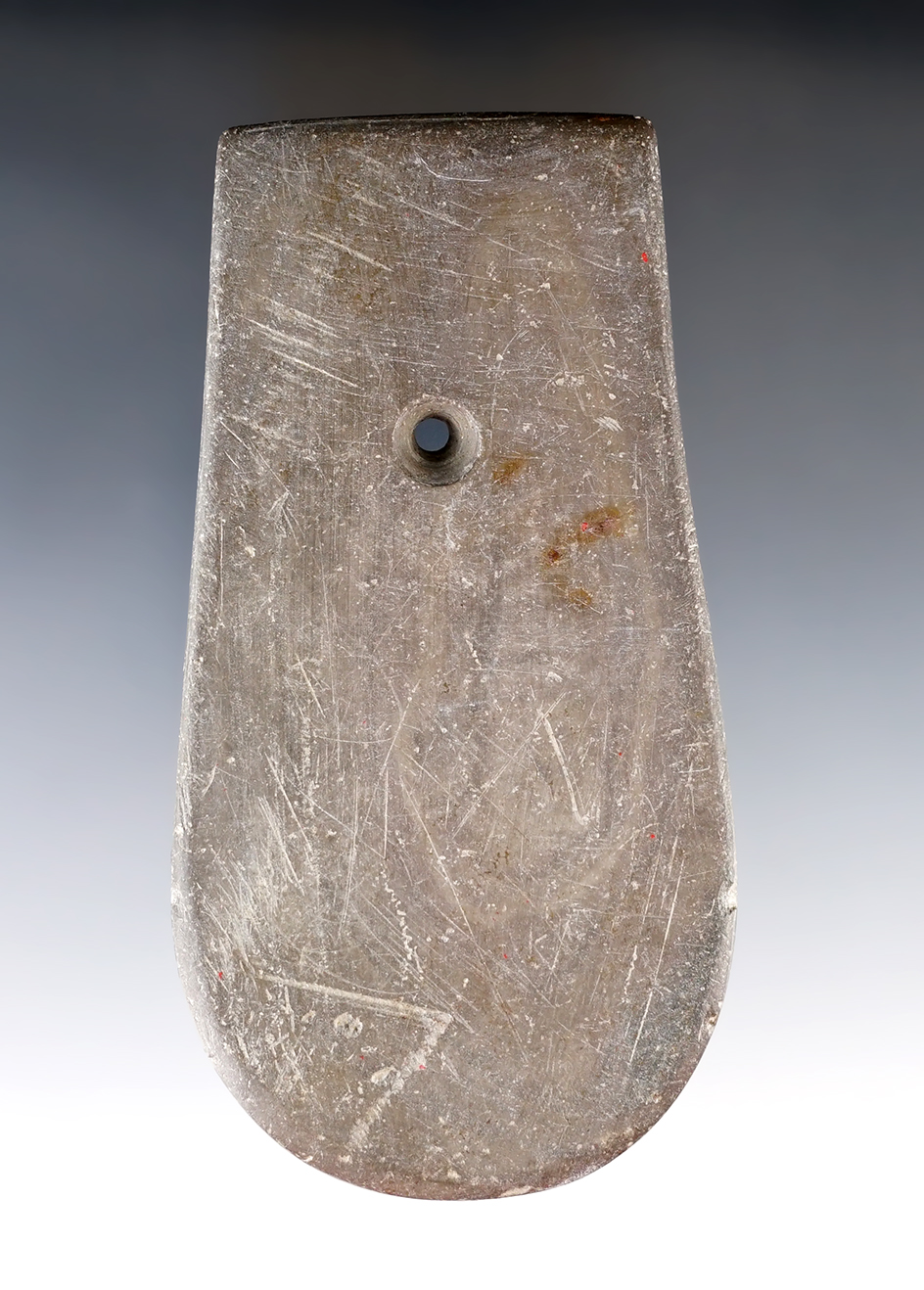 4 1/2" Adena Keyhole Pendant made from brown Slate. Found in Ross Co., Ohio. Ex. Marion Bush, Gilley