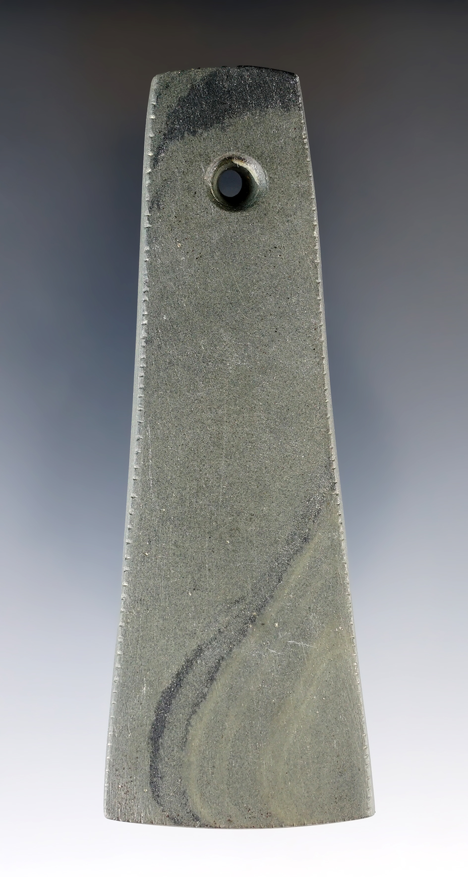 4 1/8" Adena Bell Pendant with incredible tallies on all edges found in Auglaize Co., Ohio. Pictured