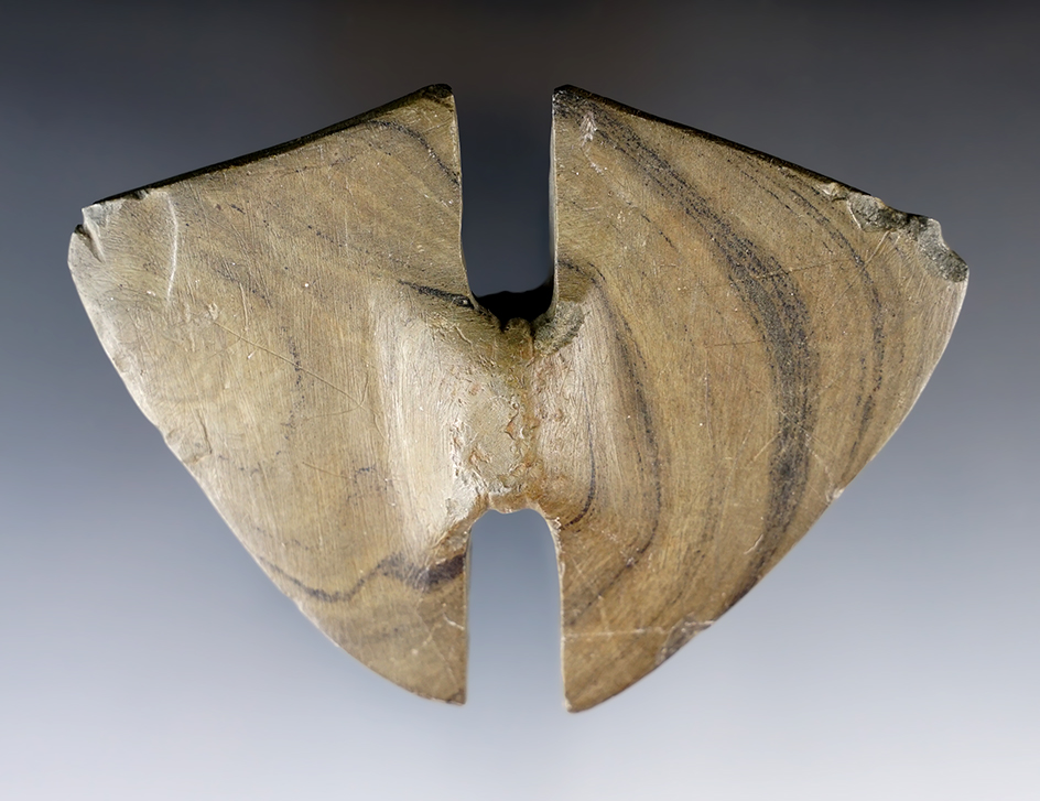 4" by 3" Archaic Winged Bannerstone with bird track engravings to both sides. Found in Miami Co., OH