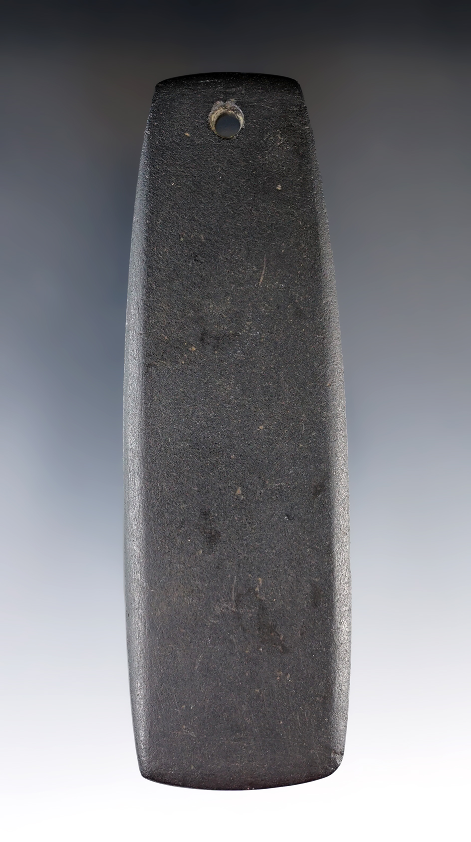 4 7/16" Hopewell Trapezoidal Pendant made from black Hardstone. Found in Perry Co., Ohio.