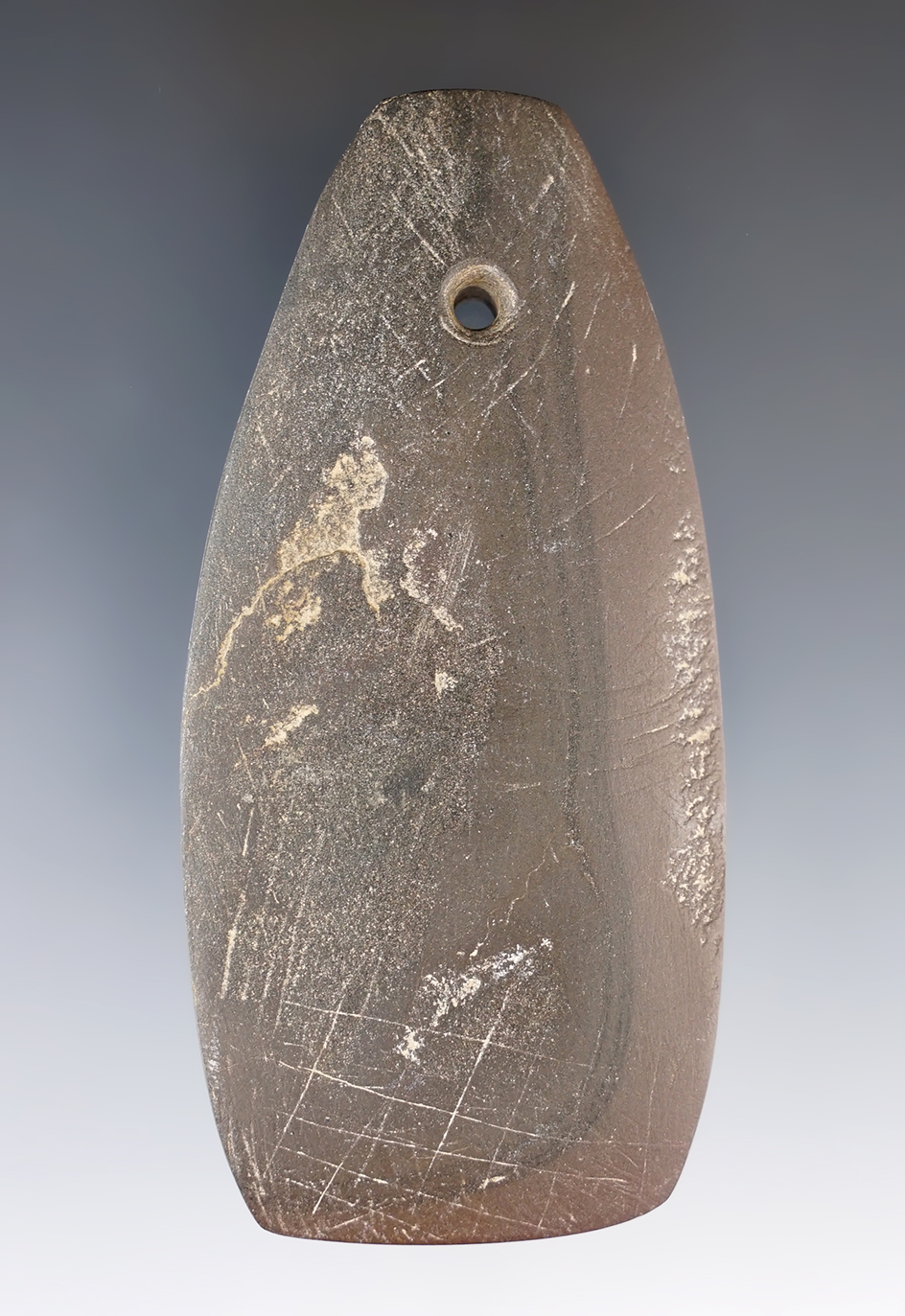 3 11/16" Hopewell Trapezoidal Pendant made from red and black Banded Slate. Found in Wood Co., OH.