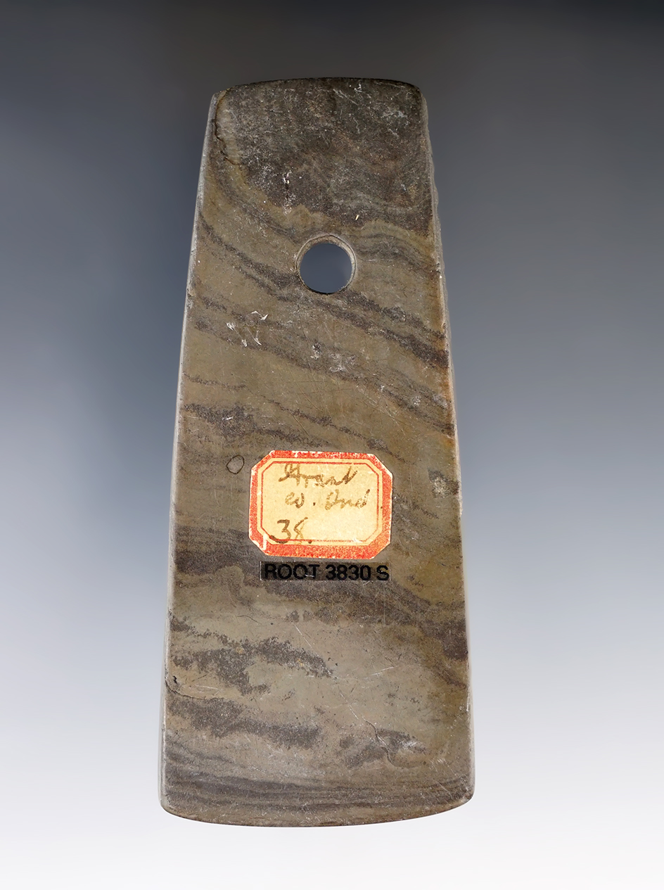 3 15/16" Adena Trapezoidal Pendant made from green and black Mottled Slate. Grant Co., Indiana.