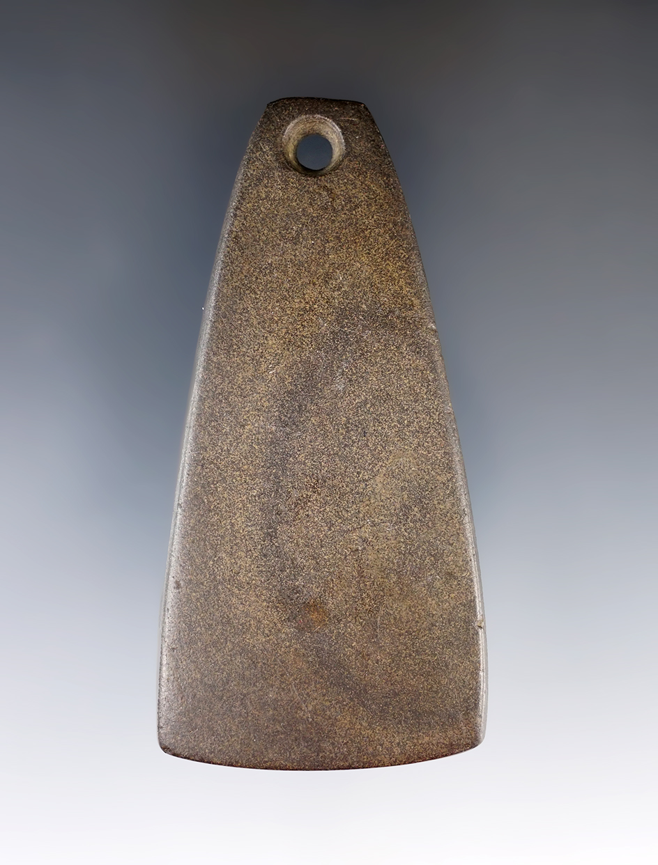 3 5/16" Adena Trapezoidal Pendant made from brown and black Banded Slate. Richland Co., Ohio.