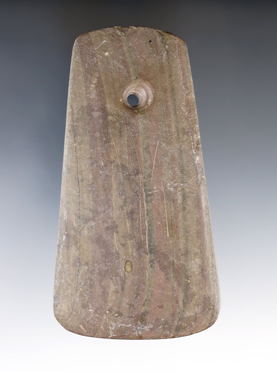 4 1/4" Adena Trapezoidal Pendant found in Northeast Indiana. Ex. Cameron Parks (#0114), Jim Beckman.