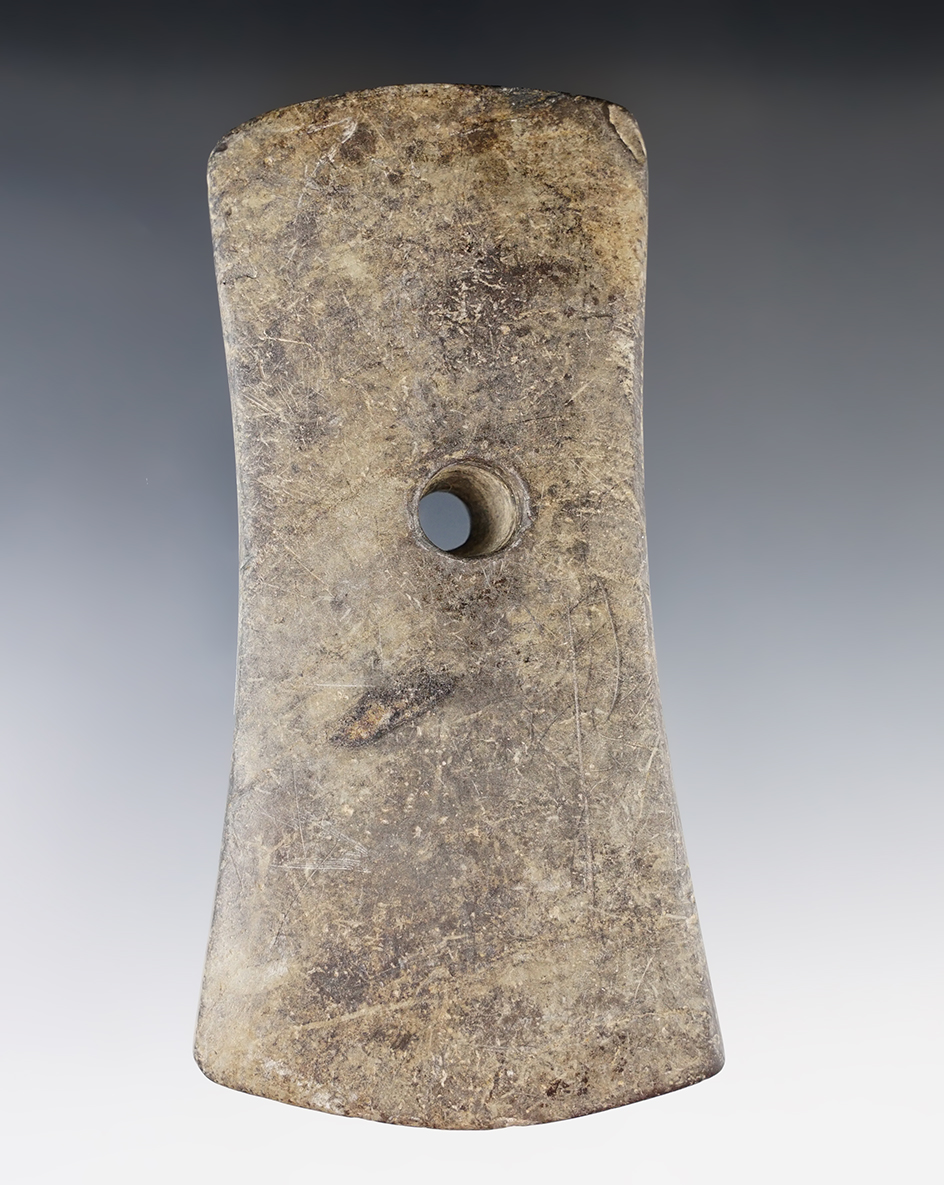 4 7/8" Adena Bell Pendant made from Slate. Found in Crawford Co., Ohio. Ex. Rick Waibel Collection.