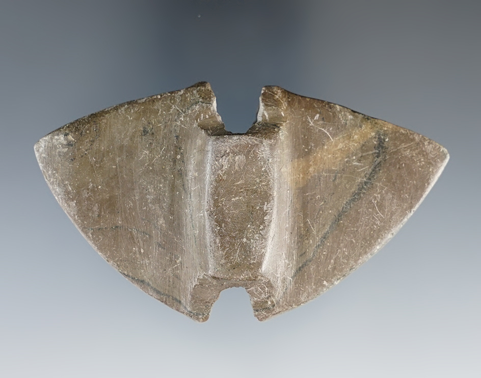 Miniature 3 1/8" Archaic Double Notch Butterfly Bannerstone -0 Nice raised barrel.  Calhoun Co., MI.