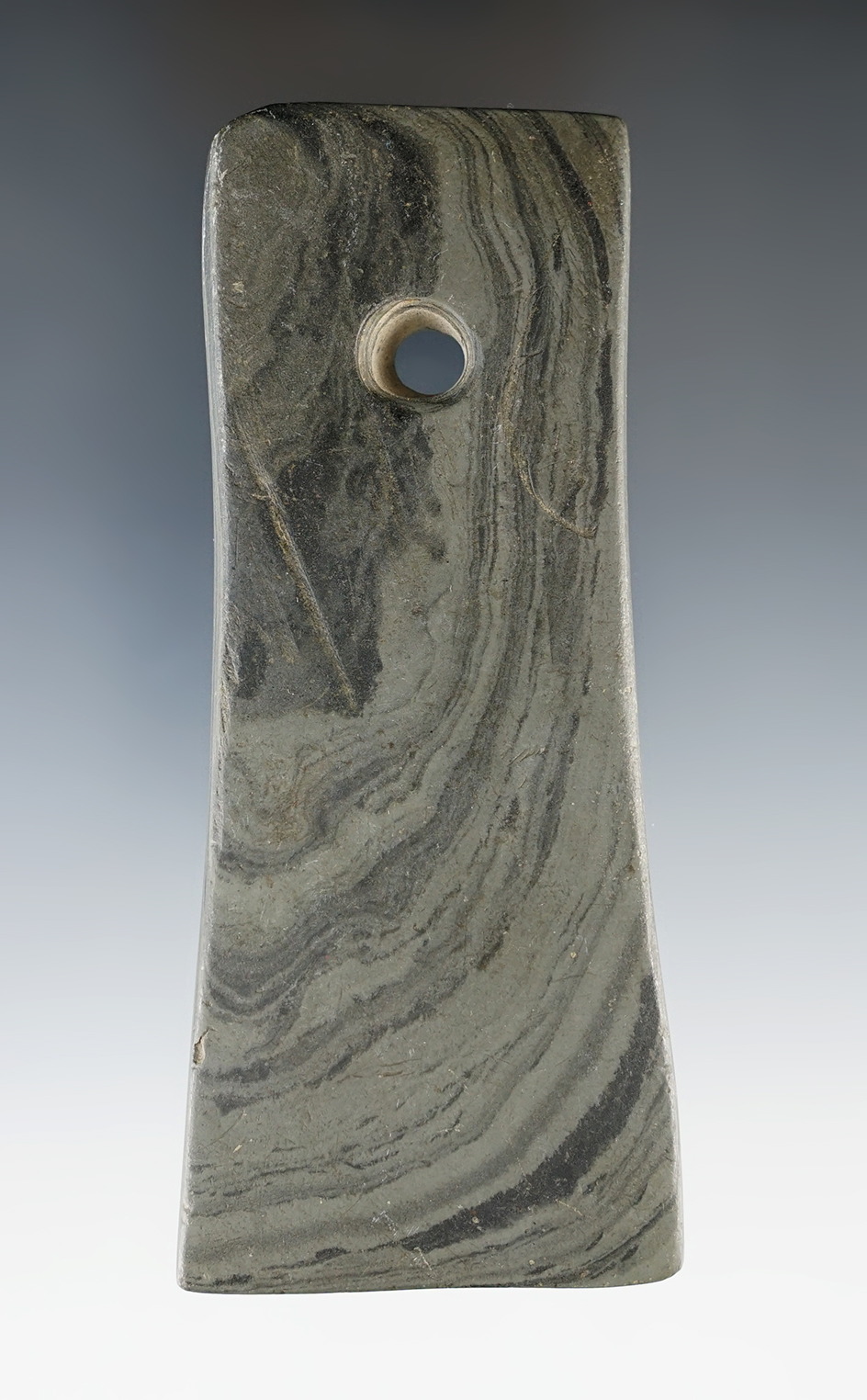 4 5/16" Adena Bell Pendant made from green and black Mottled Slate. Found in Darke Co., Ohio.