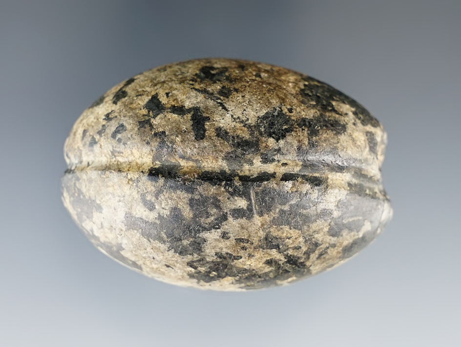 2 1/8" Woodland Grooved Loafstone made from black and cream Granite. Found in Pickaway Co., Ohio.