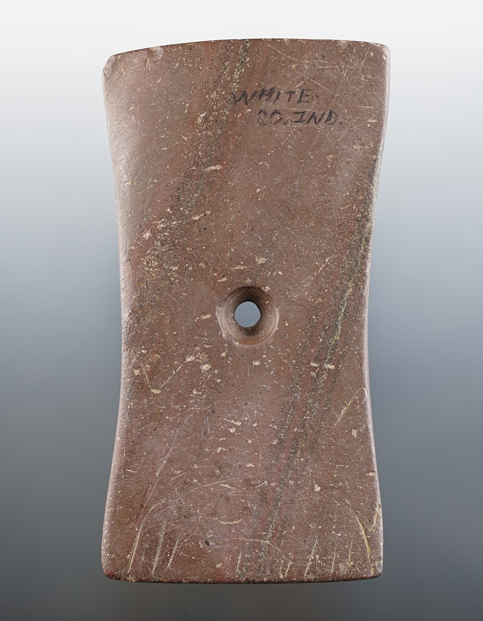 3 7/8" Adena Bi-Concave Pendant red Banded Slate with "worm tracks" and some engraving on surface. F