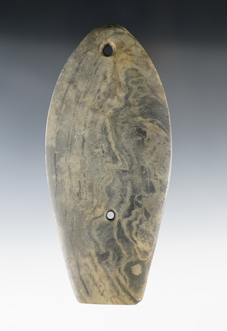 5 3/4" Glacial Kame Sandal Sole Gorget  found in Eaton Co., Michigan. Pictured!  Ex.Tom Davis Collec