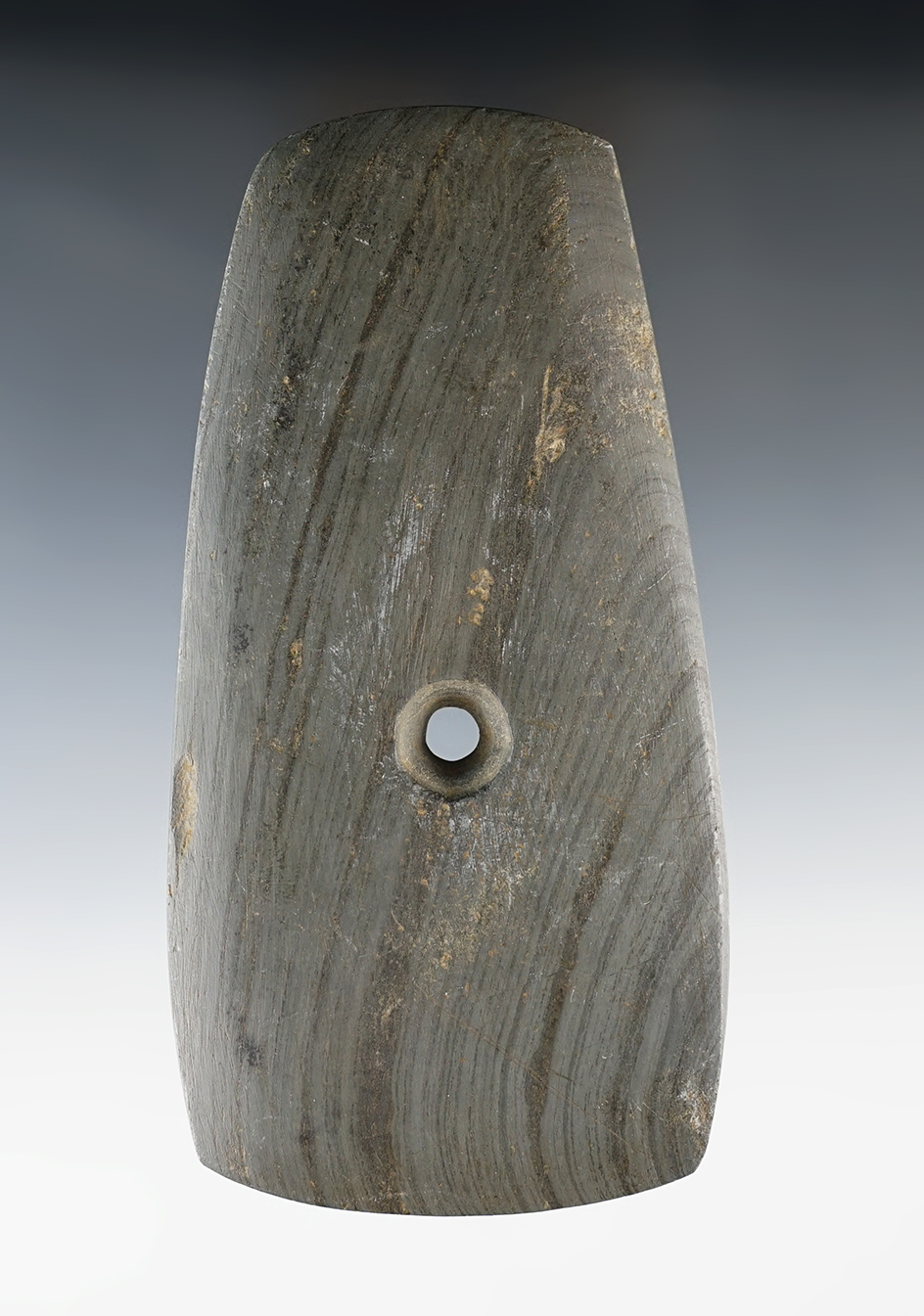 5 1/4" Adena Trapezoidal Pendant made from Banded Slate. Found in Eaton Co., Michigan.