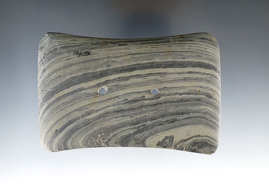 3 15/16" Adena Bi-Concave Gorget made from green and black Banded Slate, found in Ohio.