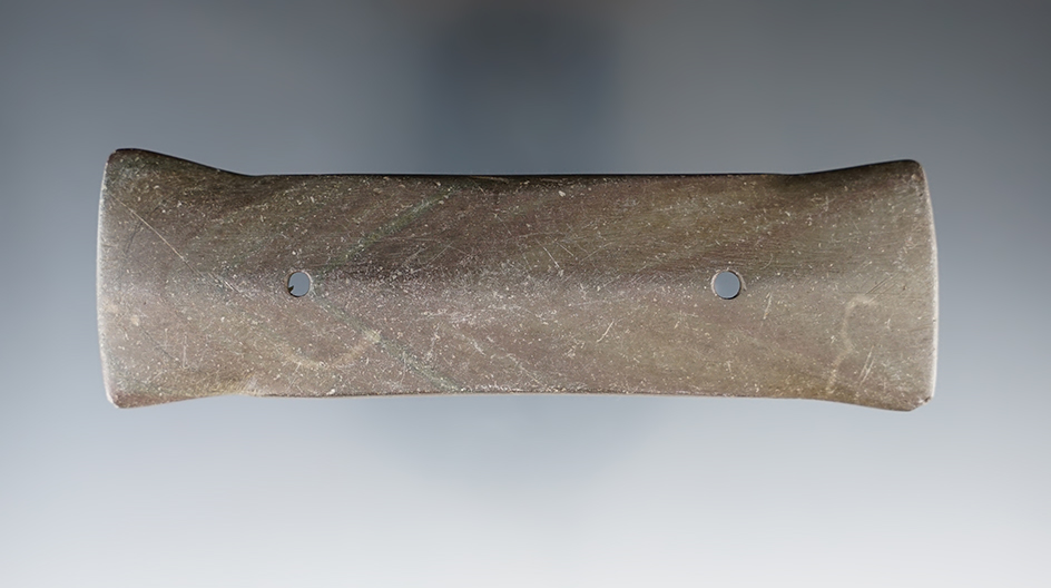 4 7/8" Hopewell Eclectic Ridged Gorget made from red and green Banded Slate. Berlin Twp., Erie Co.,