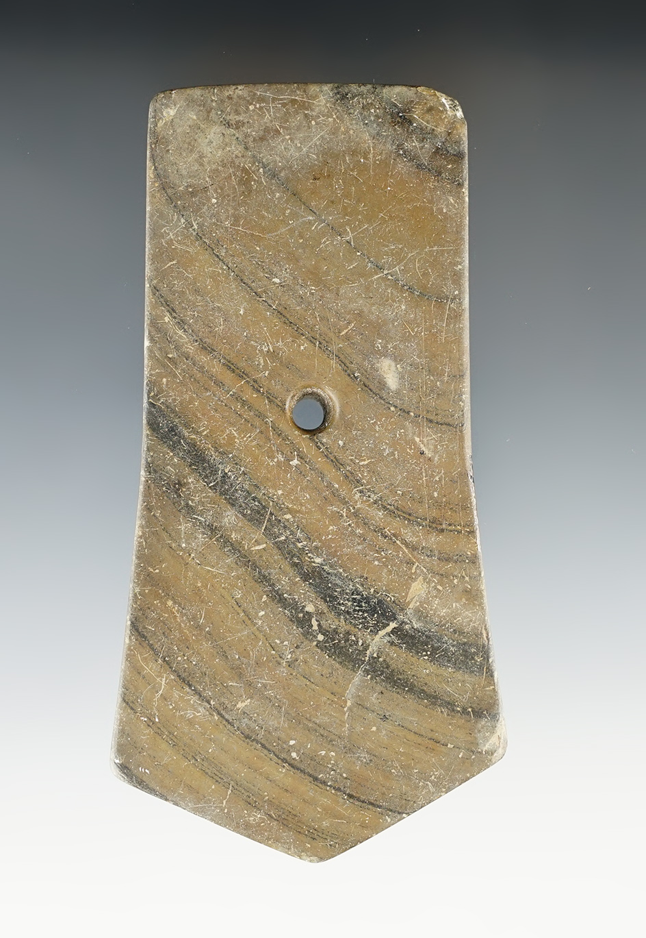 4 9/16" Adena Pentagonal Pendant made from Banded Slate. Found in Washington Co., Ohio.