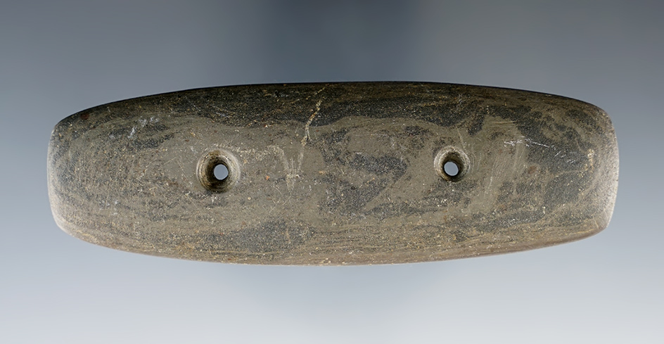 4 1/4" Glacial Kame Bar Gorget made from green and black Mottled Slate. Found in Preble Co., Ohio.
