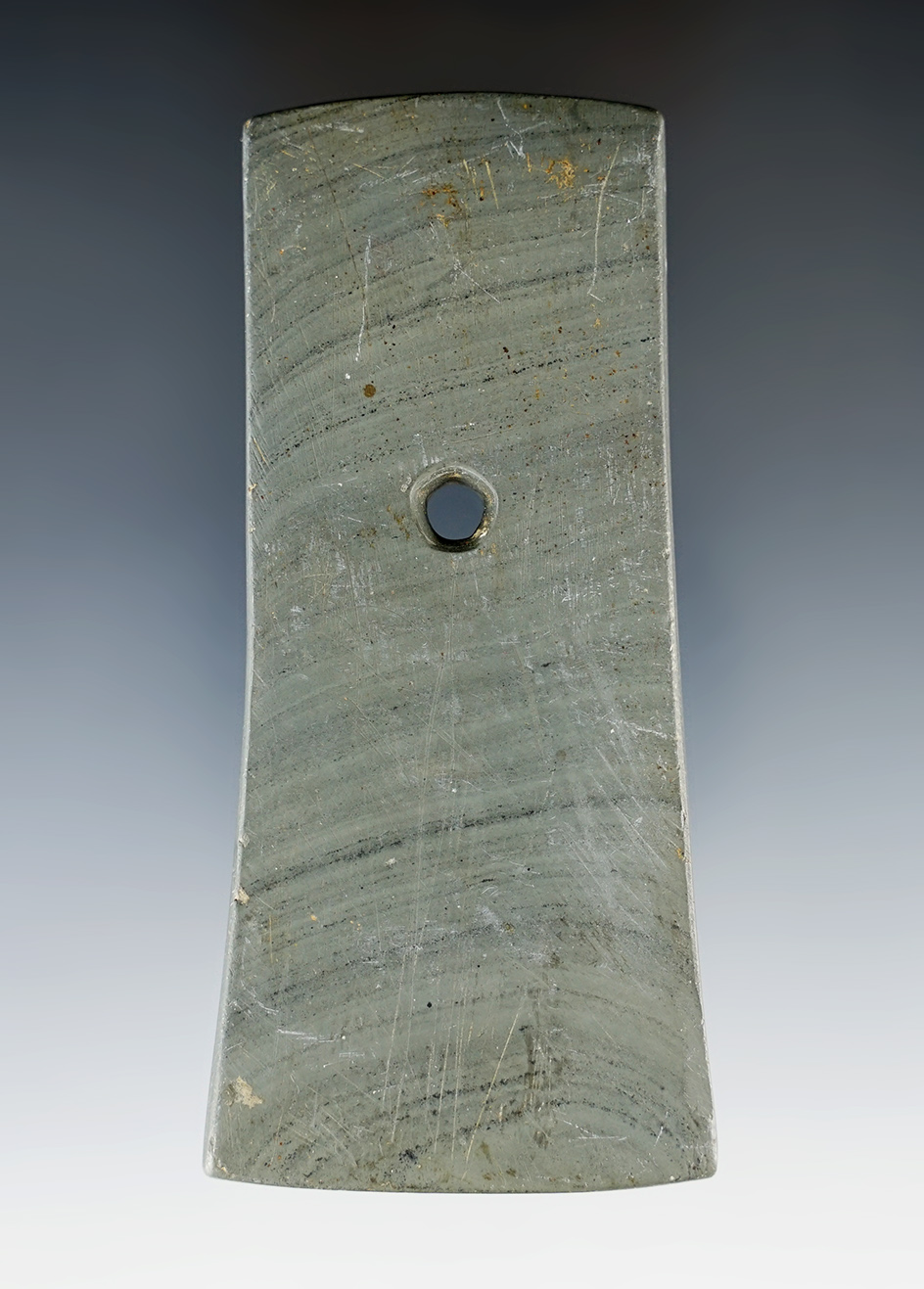 3 7/8" Adena Trapezoidal Pendant made from green and black Banded Slate. Found in Medina Co., Ohio.