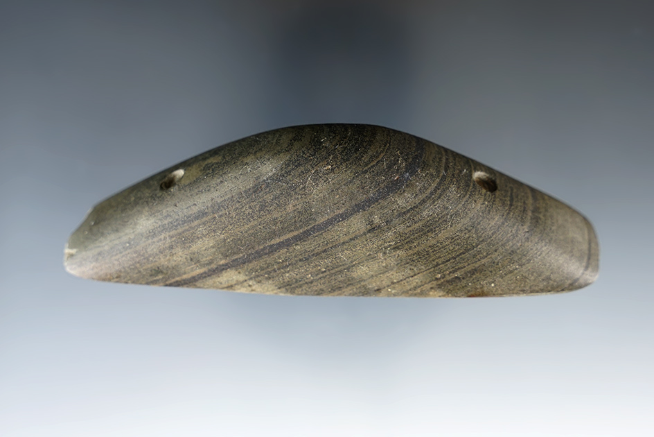 4 1/8" Drilled Boatstone made from Banded Slate. Found in Clark Co., Ohio. Ex. Dudley Brevard.