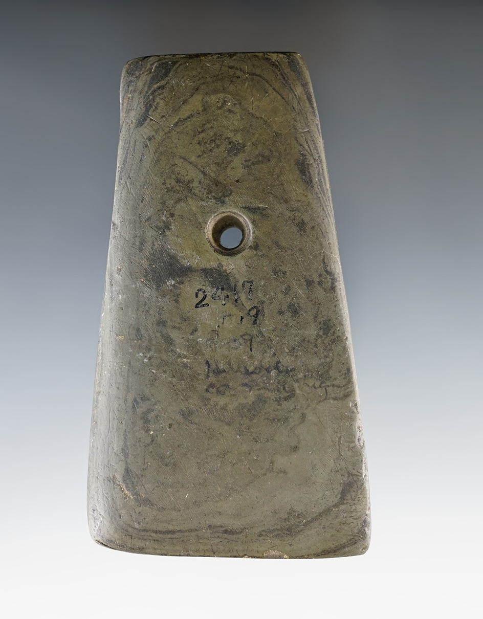 4 1/16" Adena Trapezoidal Pendant made from green and black Mottled Slate. Hillsdale Co., Michigan.