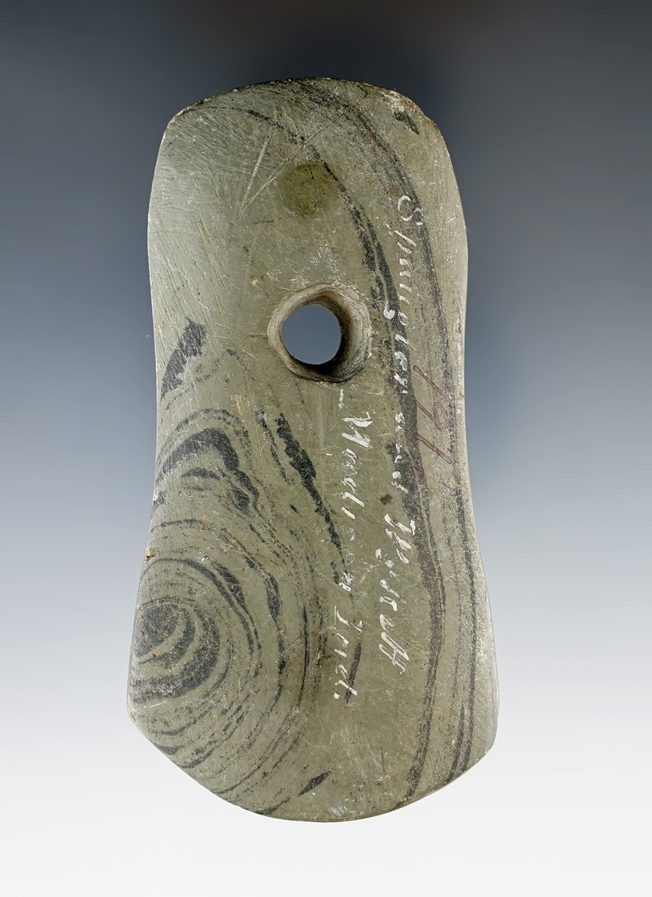 3 3/4" Adena Keyhole Pendantfound in Madison Co., Indiana - marked 1885. Ex. Lester Breininger.