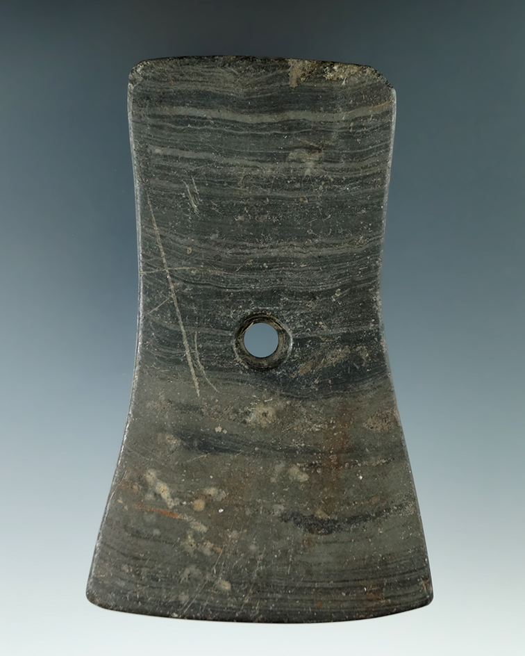 4 1/2" Adena Bell Pendant made from green and black Banded Slate, found in Lenawee Co., Michigan.