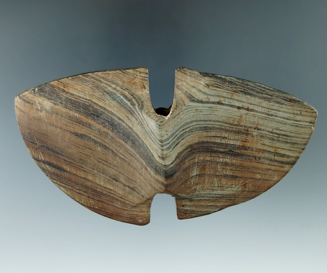4 1/2" Archaic Double Notch Butterfly Bannerstone made from beautifully Banded Slate.