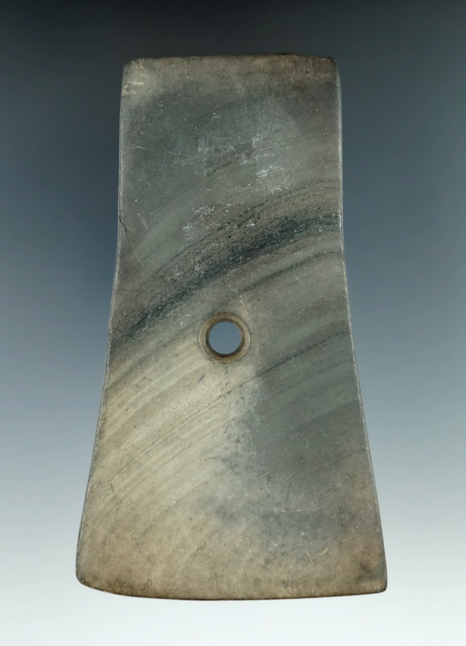 5 5/16" Adena Bell Pendant made from green and black Banded Slate, found in Indiana. Ex. Jim Hovan.