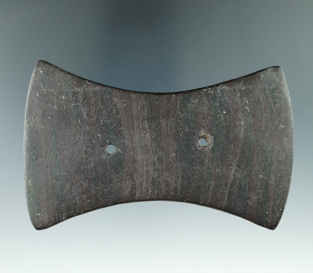 4 1/16" Adena Bi-Concave Gorget found in Elkhard Co., Indiana. Pictured in Who's Who #10, page 384.