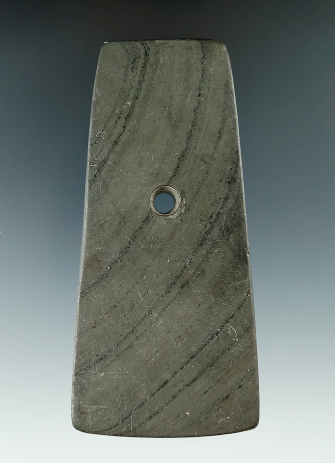 4 3/16" Adena Trapezoidal Pendant made from green and black Banded Slate, found in Adams Co., Indian
