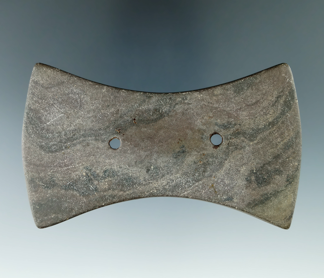3 5/8" Adena Bi-Concave Gorget  found in Bartholomew Co., Indiana.  Pictured in "Who's Who #2" pg. 3