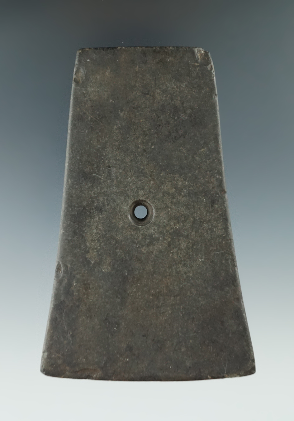 4 1/8" Adena Bell Pendant made from green Slate, found in Indiana. Ex. Russ Gillium