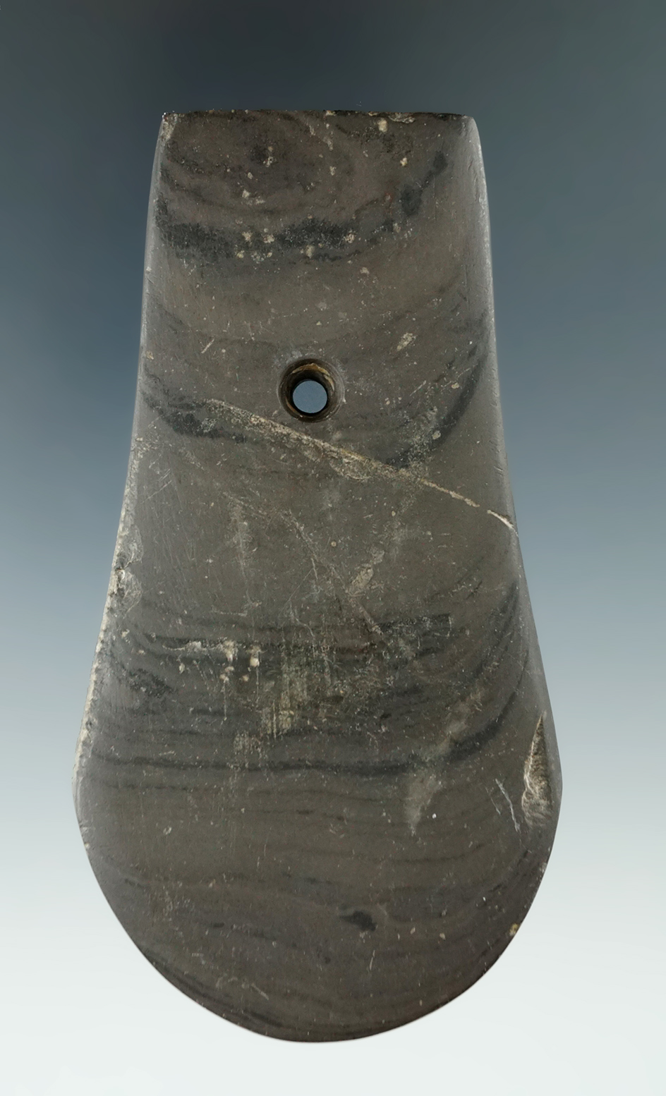 4 3/16" Adena Keyhole Pendant made from green and black Banded Slate, found in DeKalb Co., Indiana.