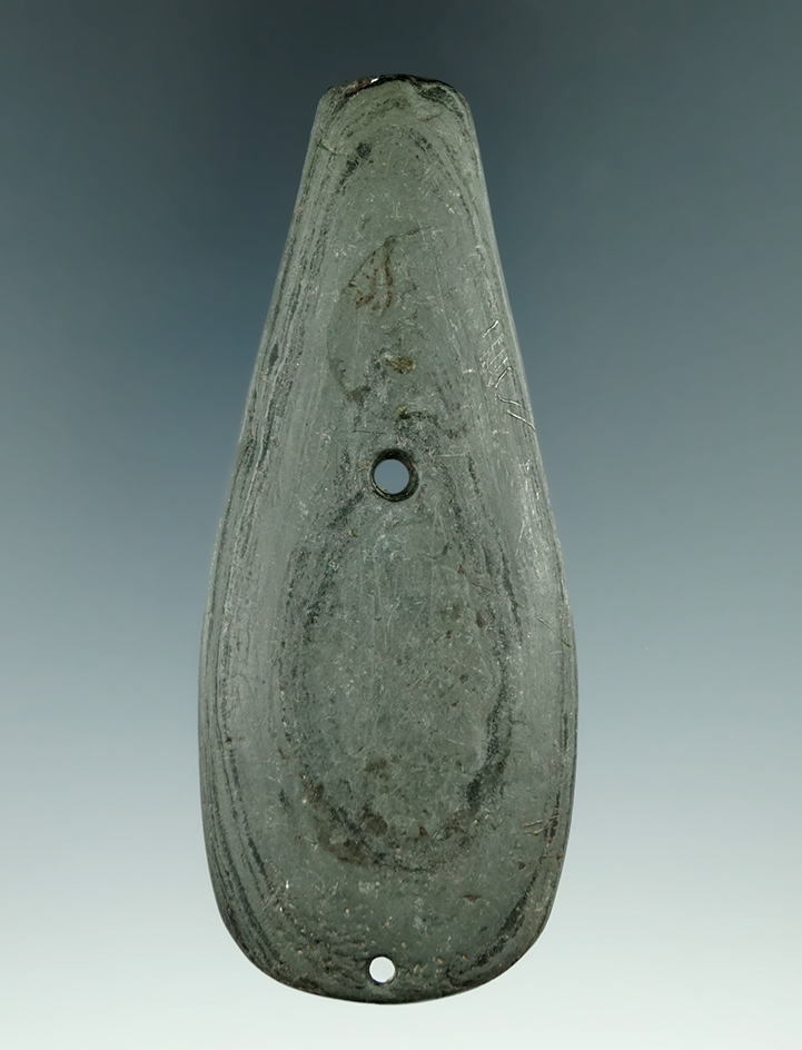 3 13/16" Glacial Kame Teardrop Pendant salvaged from a gorget found in Sand Lake, Michigan. Ex. Mood