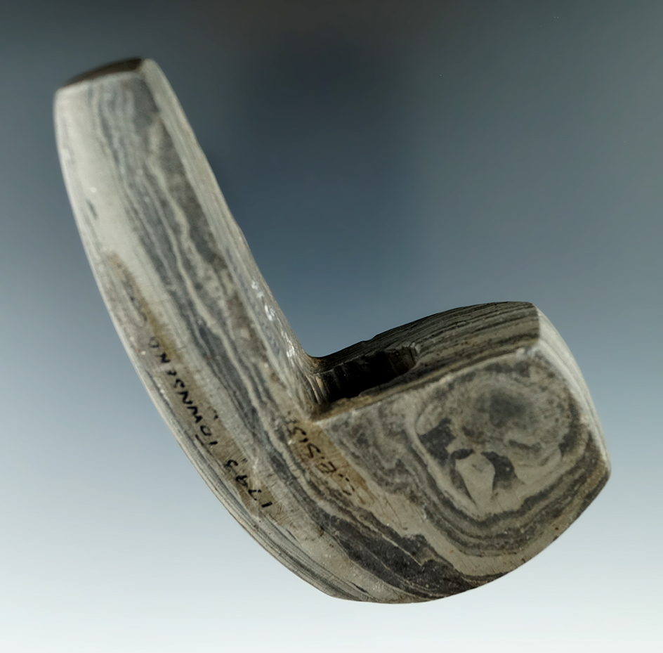 4" Archaic Geniculate Bannerstone made from banded Slate, found in Huntington Co., Indiana.