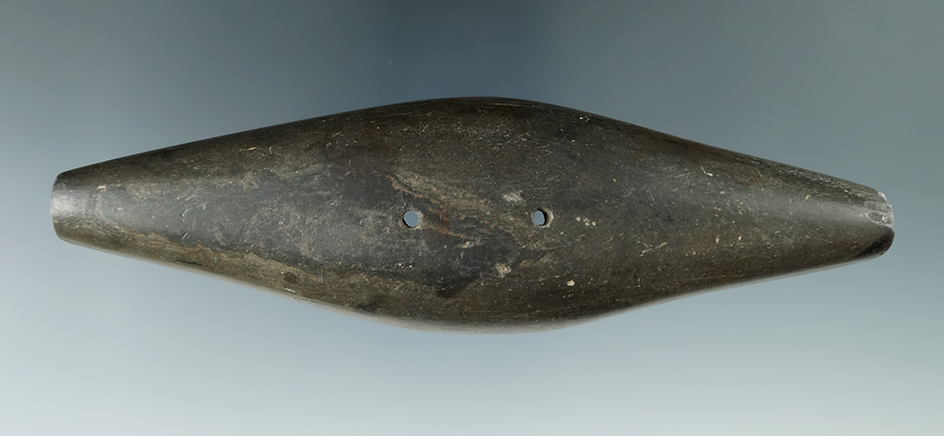 5 9/16" Adena Expanded Center Gorget made from Mottled Slate, found in Hillsdale Co., Michigan.