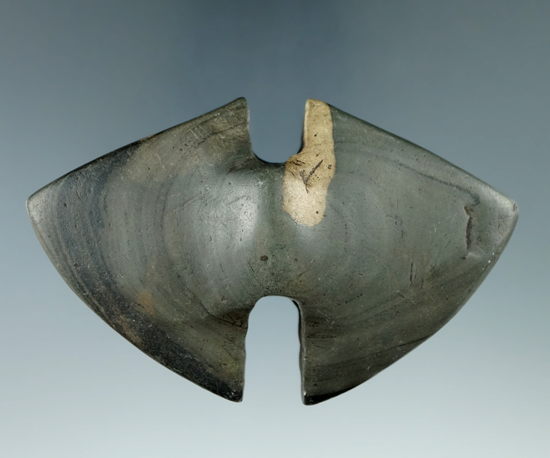 Miniature 3 1/2" Archaic Double Notch Wing Bannerstone found in Hillsdale Co., Michigan.