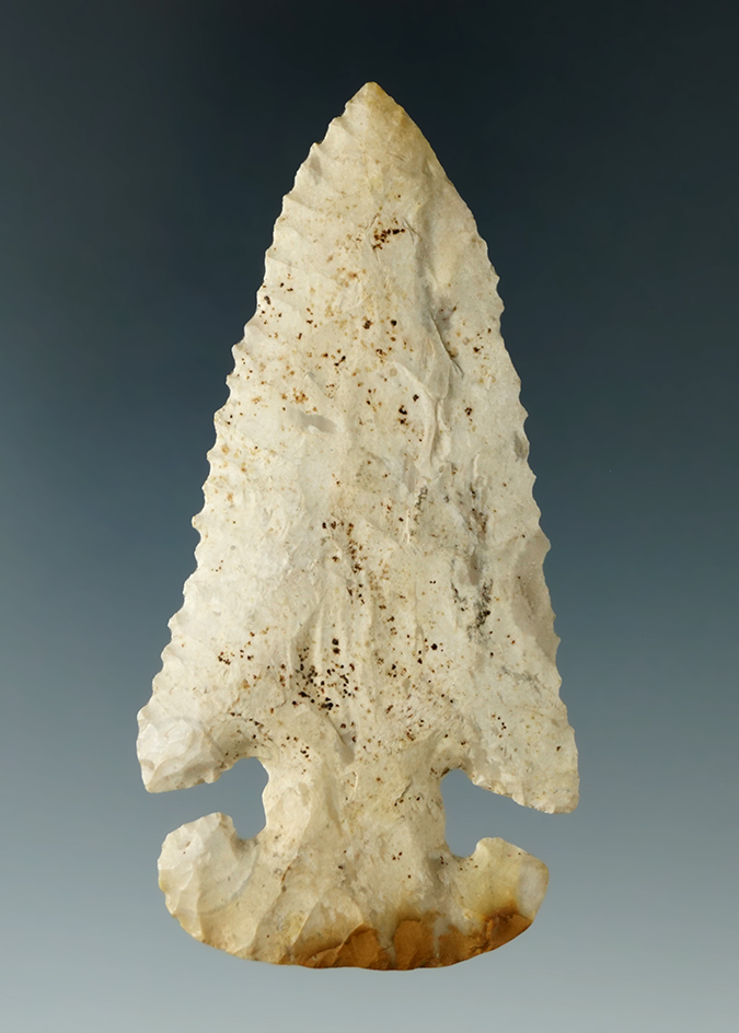 3 3/8" Archaic Thebes E-Notch made from Delaware Chert. Ex. Luther Smith Collection.