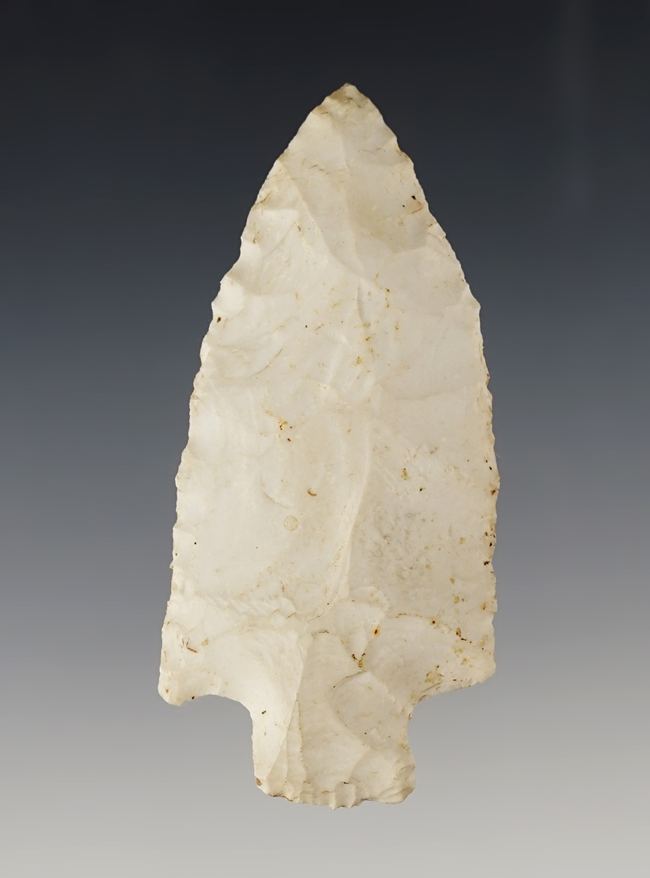 3 1/4" Etley knife - nice mineral deposits on surface - Burlington chert. St. Louis County MO.