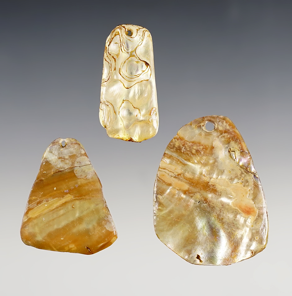 Set of 3 Abalone Shell Pendants found in Colusa Co., California. Largest is 2 3/16".