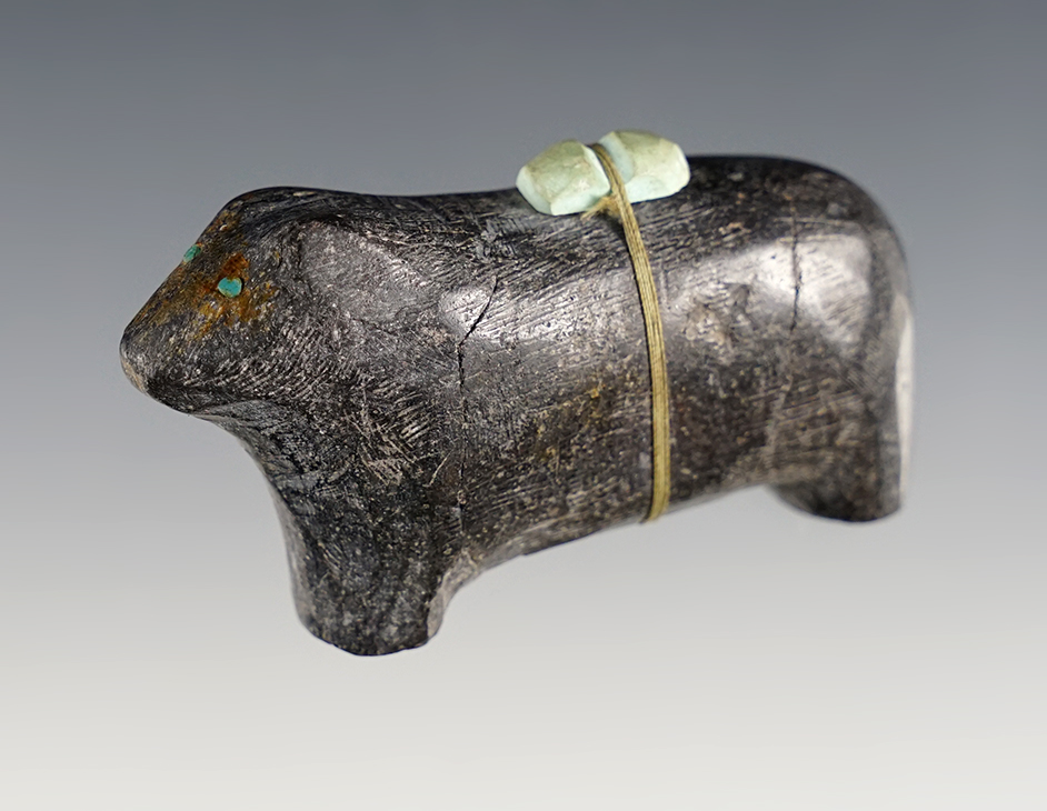 Vintage 2 1/2" long Zuni carved stone Bear Fetish. Still retains both inset stone eyes. 