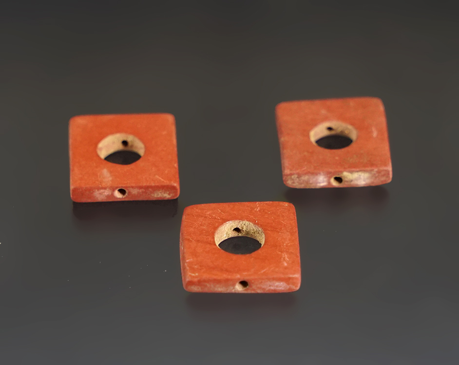 Set of 3 Square Center Perforated Catlinite Beads that are micro-drilled for suspension. NY.