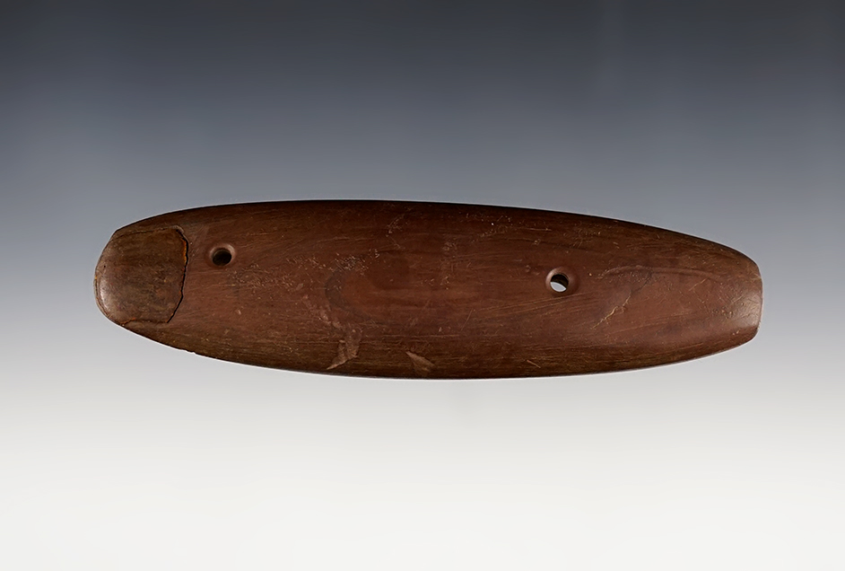 5" Gorget found in Marshall Co., Indiana. One chip at one end has restoration. Several tallies