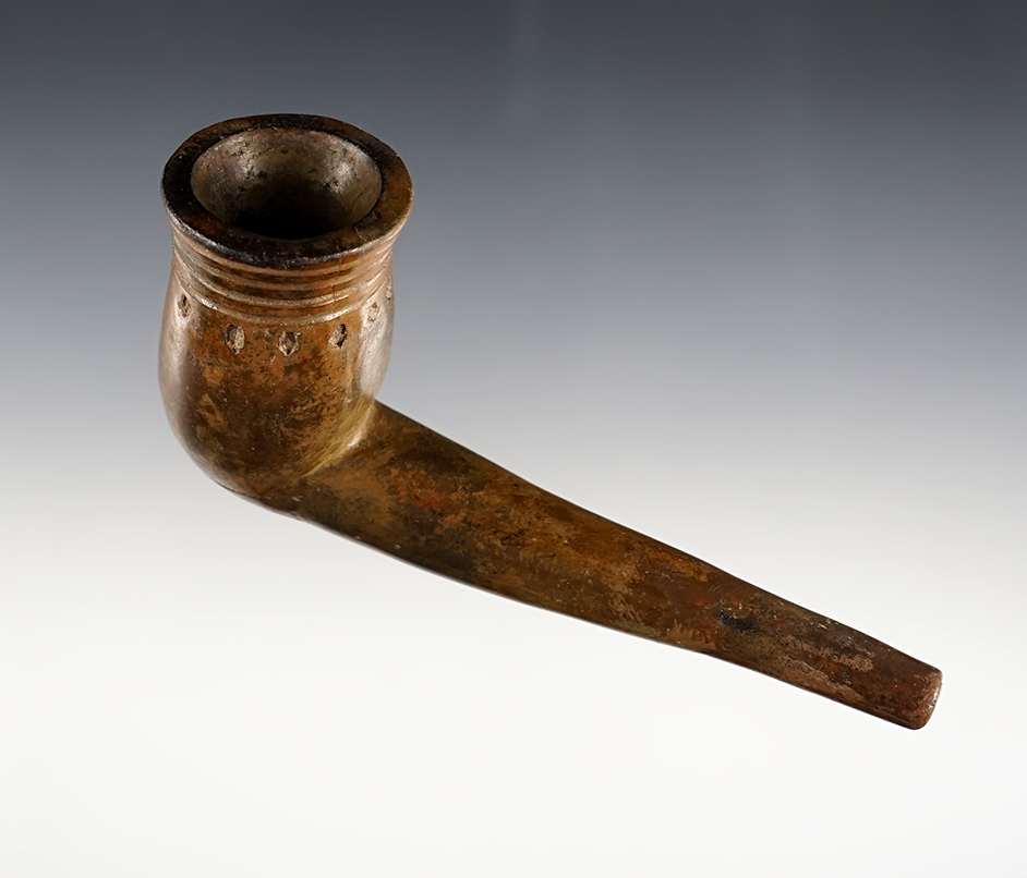 Nicely Styled 4 5/8" Iroquois Clay Ring Bowl Pipe with punctate design below rings. New York