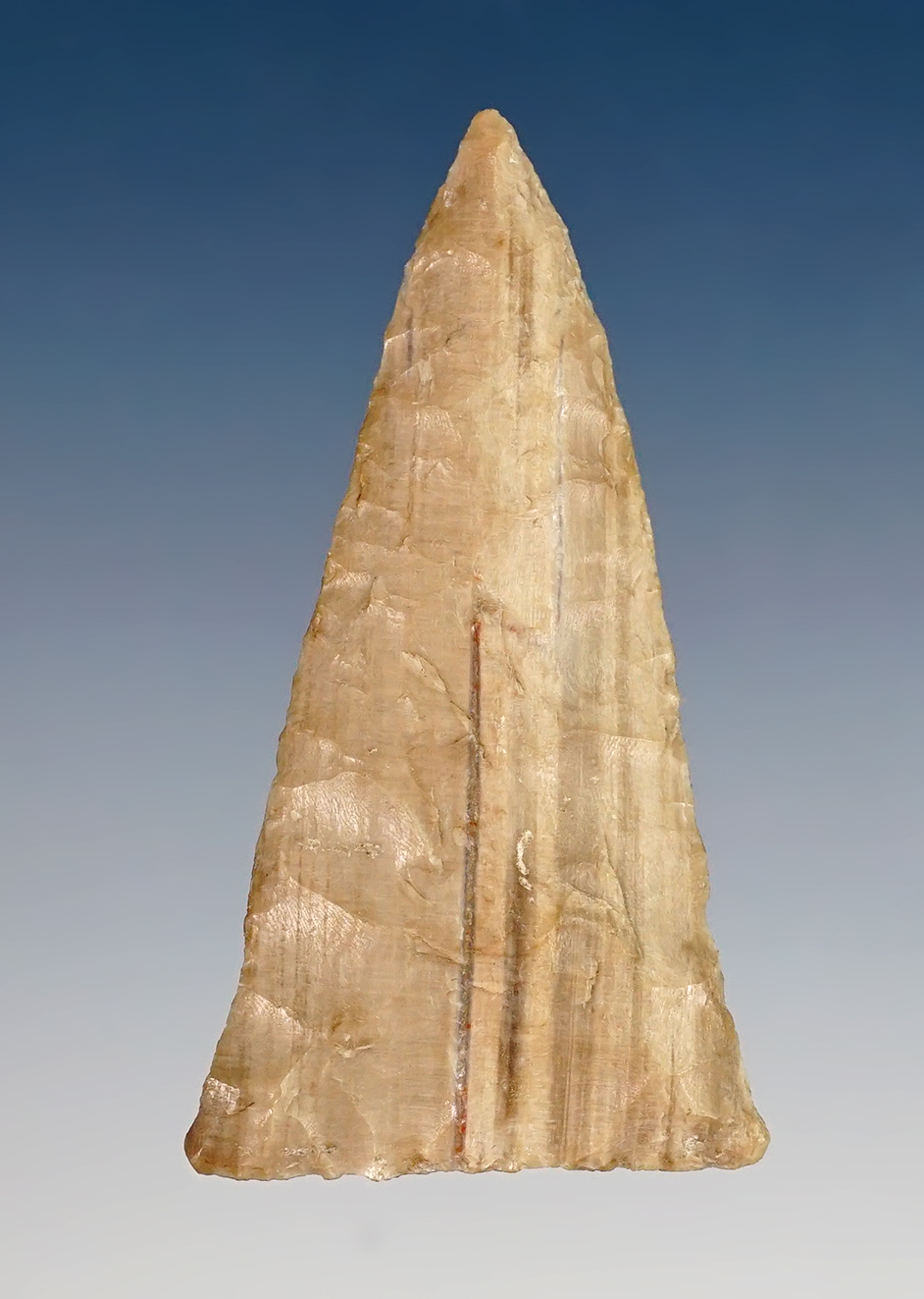 2" beautifully flaked Triangular dart point - pertrified Wood. Found by the late Norma Berg