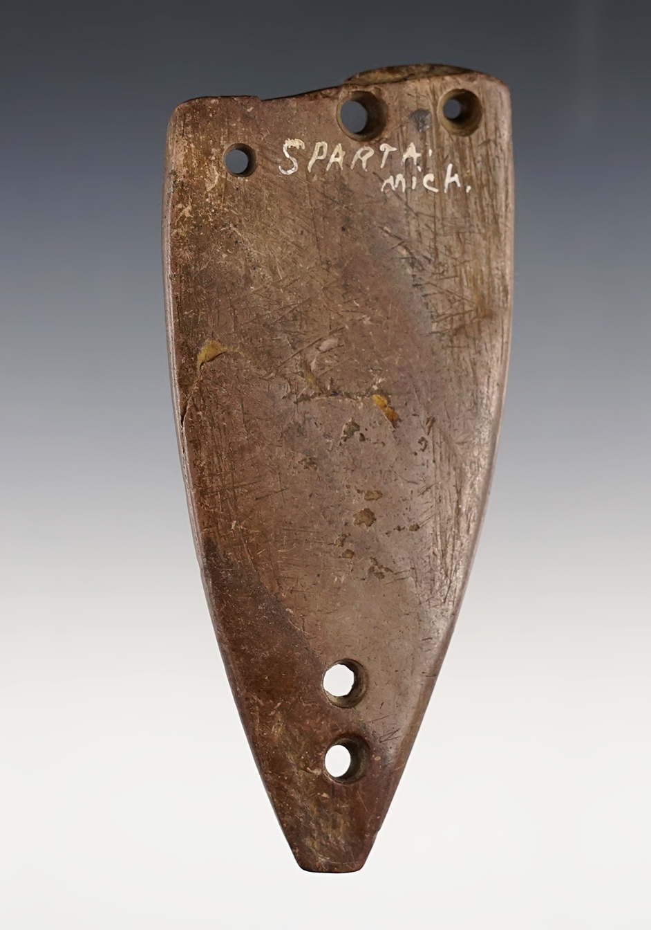 4 5/16" Uniquely salvaged Glacial Kame Gorget in excellent condition.  Kent Co., Michigan.